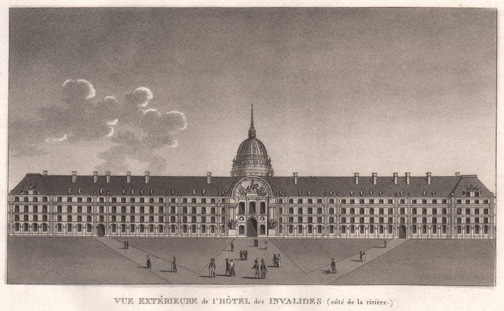 PARIS. Hôtel des Invalides (côte de la rivière) . Aquatint 1808 old print
